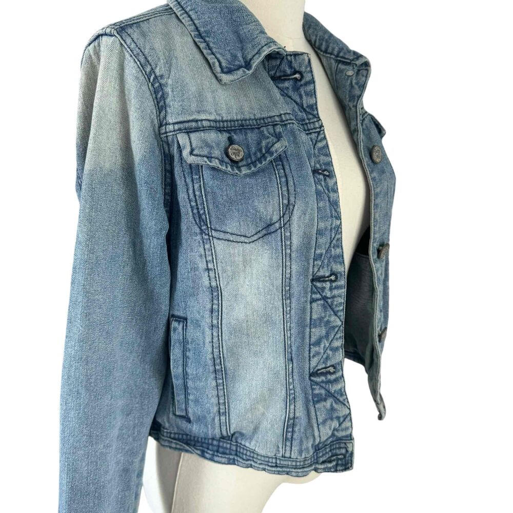 Indigo Rein Womens Blue Denim Jacket Button Front Long Sleeves Cropped Medium - Picture 7 of 16